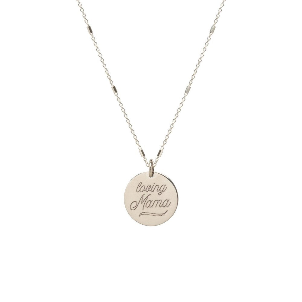 Zoe Chicco white gold necklace with loving mama charm, front view