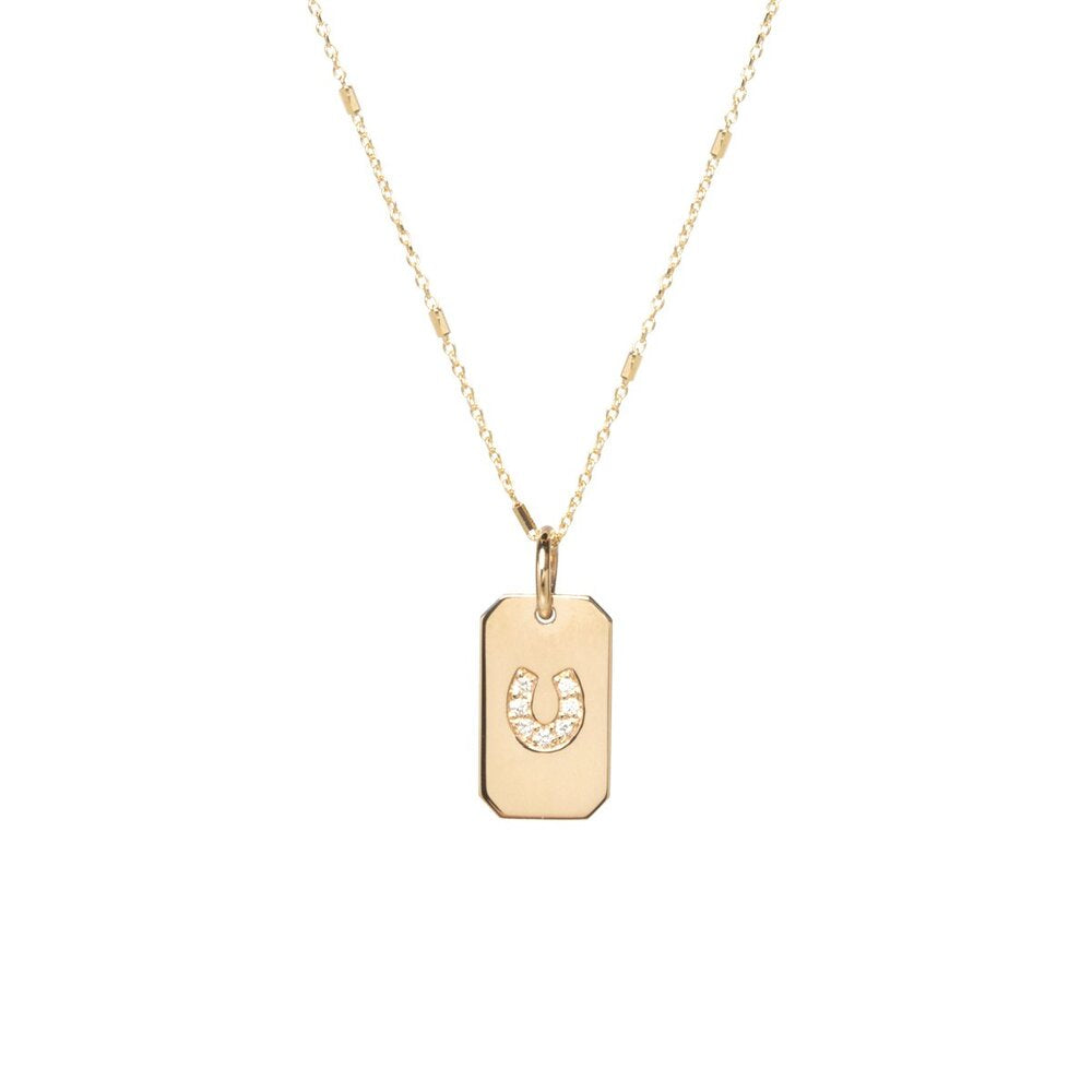 Zoe Chicco gold dog tag necklace with diamond horseshoe, front view
