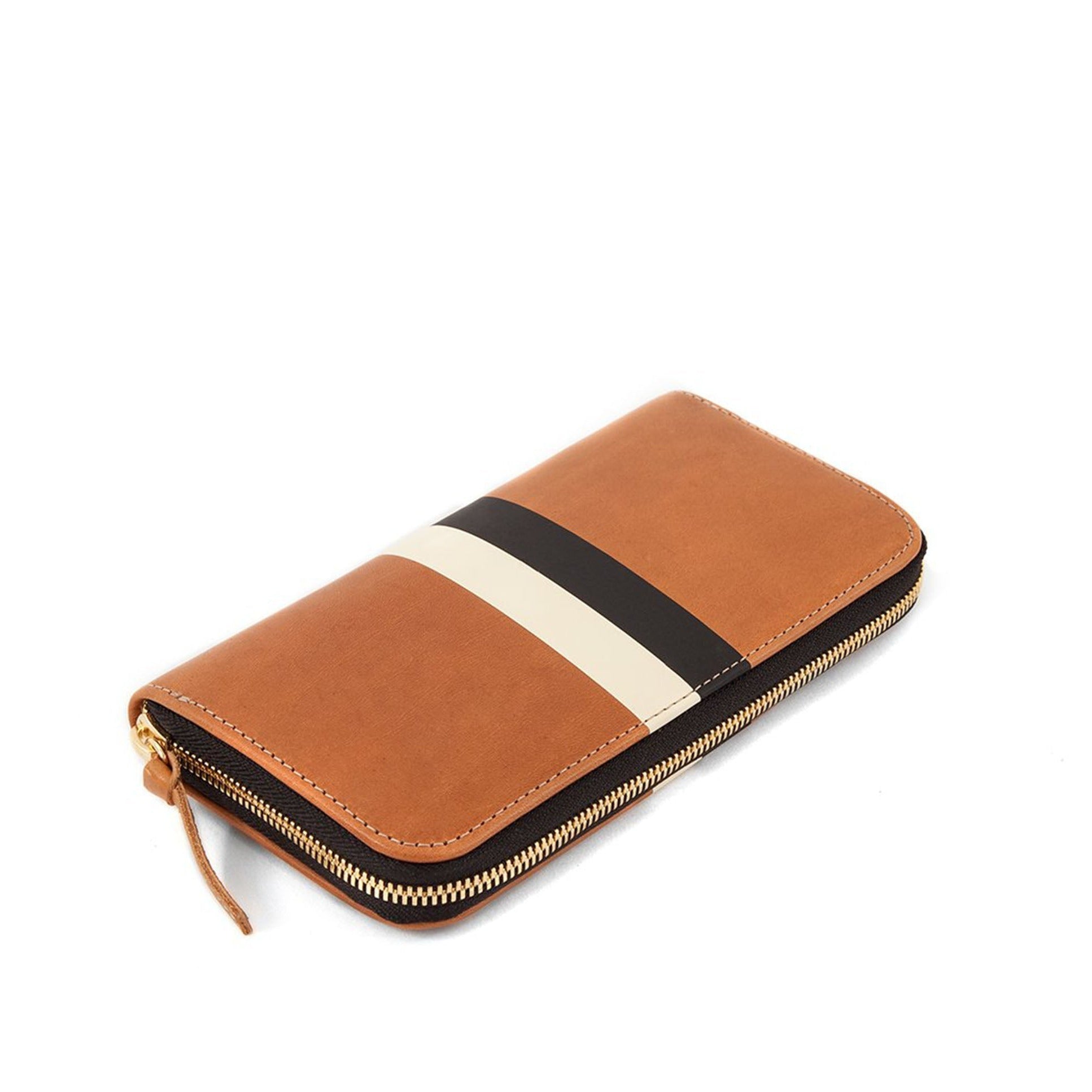 Zip Wallet, Cuoio with Black and White Stripes