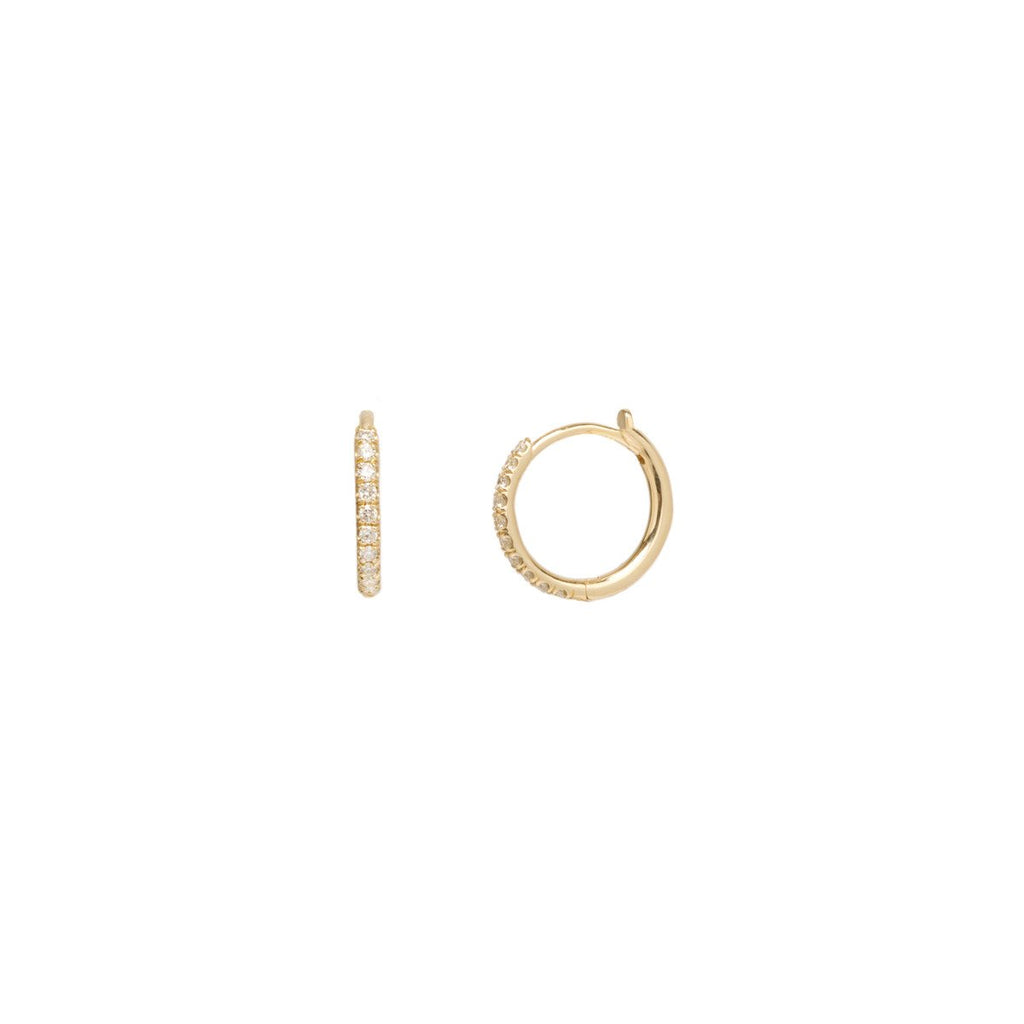 Zoe Chicco gold huggie earrings with pave diamonds, front and side view