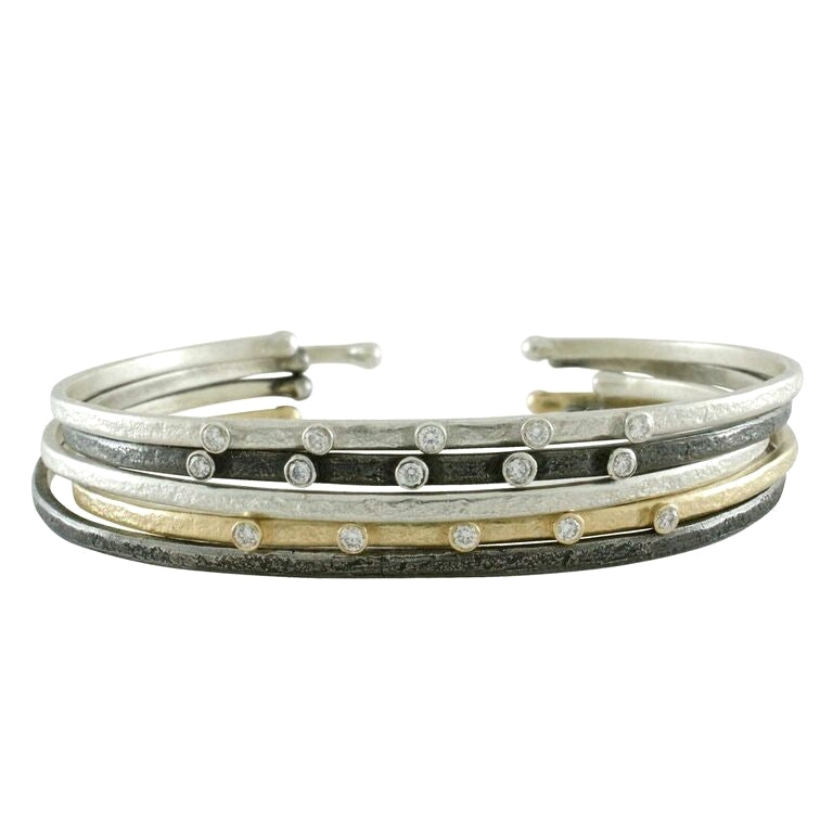Sarah Swell stack of 5 bracelets, mixed metals with diamonds, front view