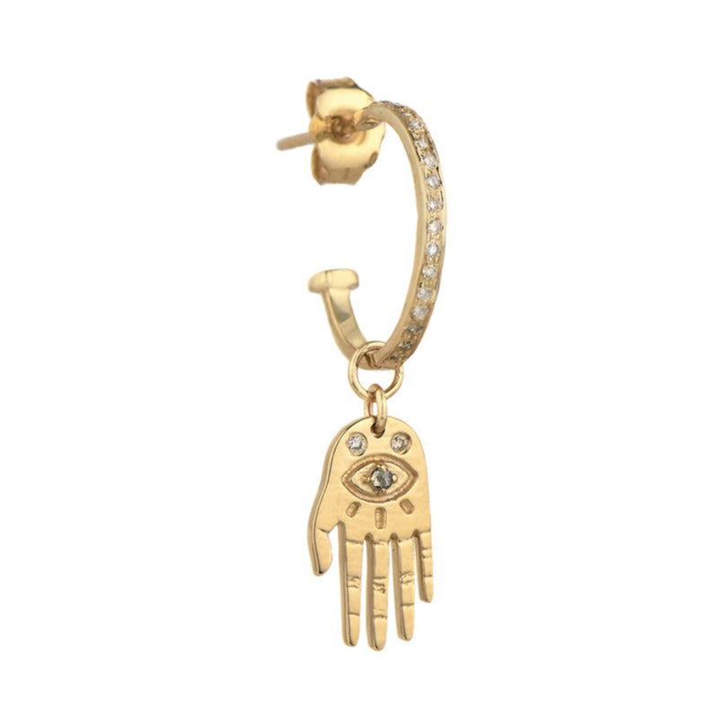 Celine D'aoust gold hoop stud earrings with hand charm and diamonds, front view