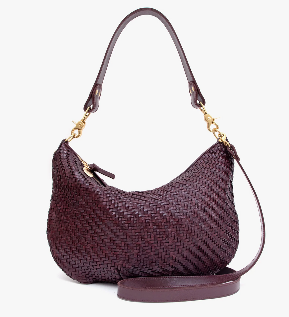 Clare V. purple woven leather purse with straps, front view