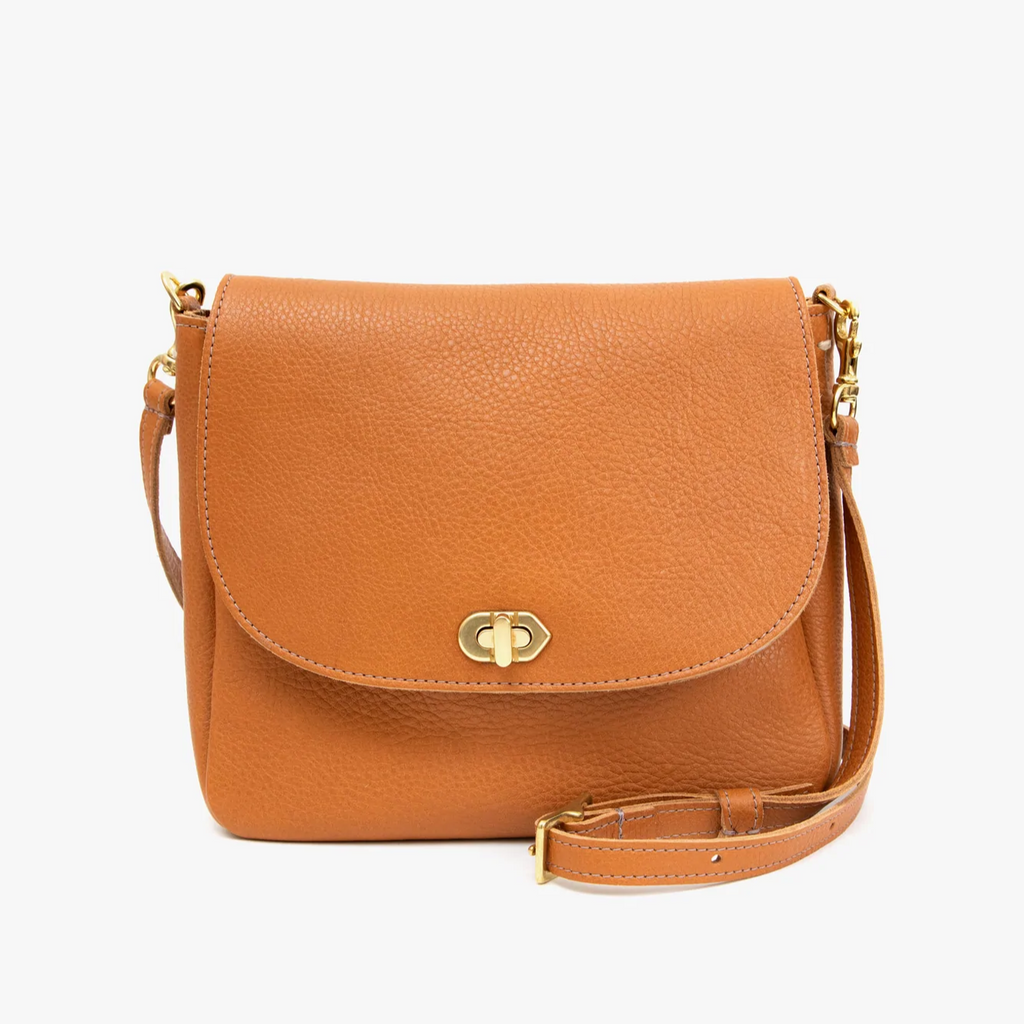 Clare V. Tan purse with strap and gold lock, front view