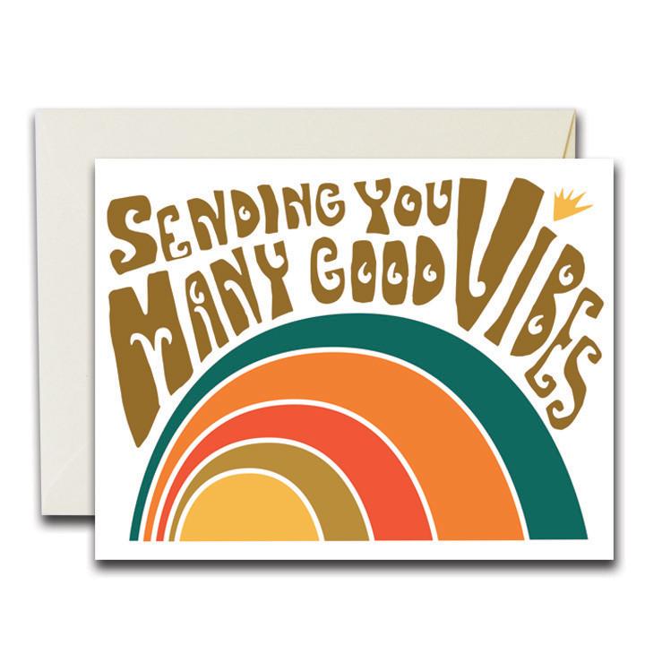 Card with rainbow illustration and text reading "sending you many good vibes", front view