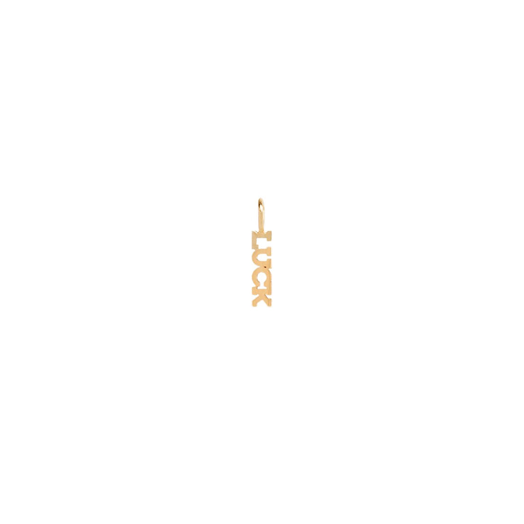 Zoe Chicco gold luck text charm, front view