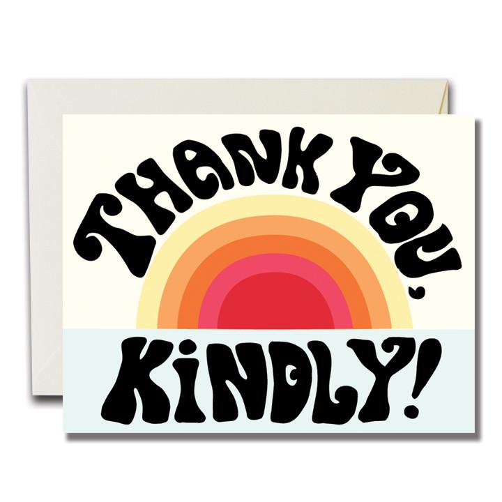 Card with rainbow illustration and text reading "thank you, kindly!", front view