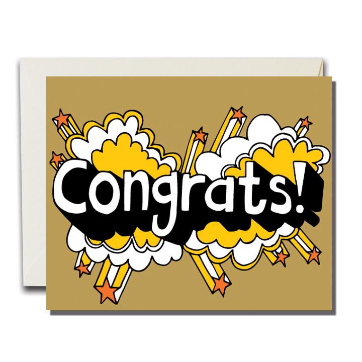 Yellow card with stars and text reading "Congrats!", front view
