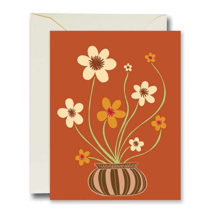 Card with illustration of striped vase and flowers, front view