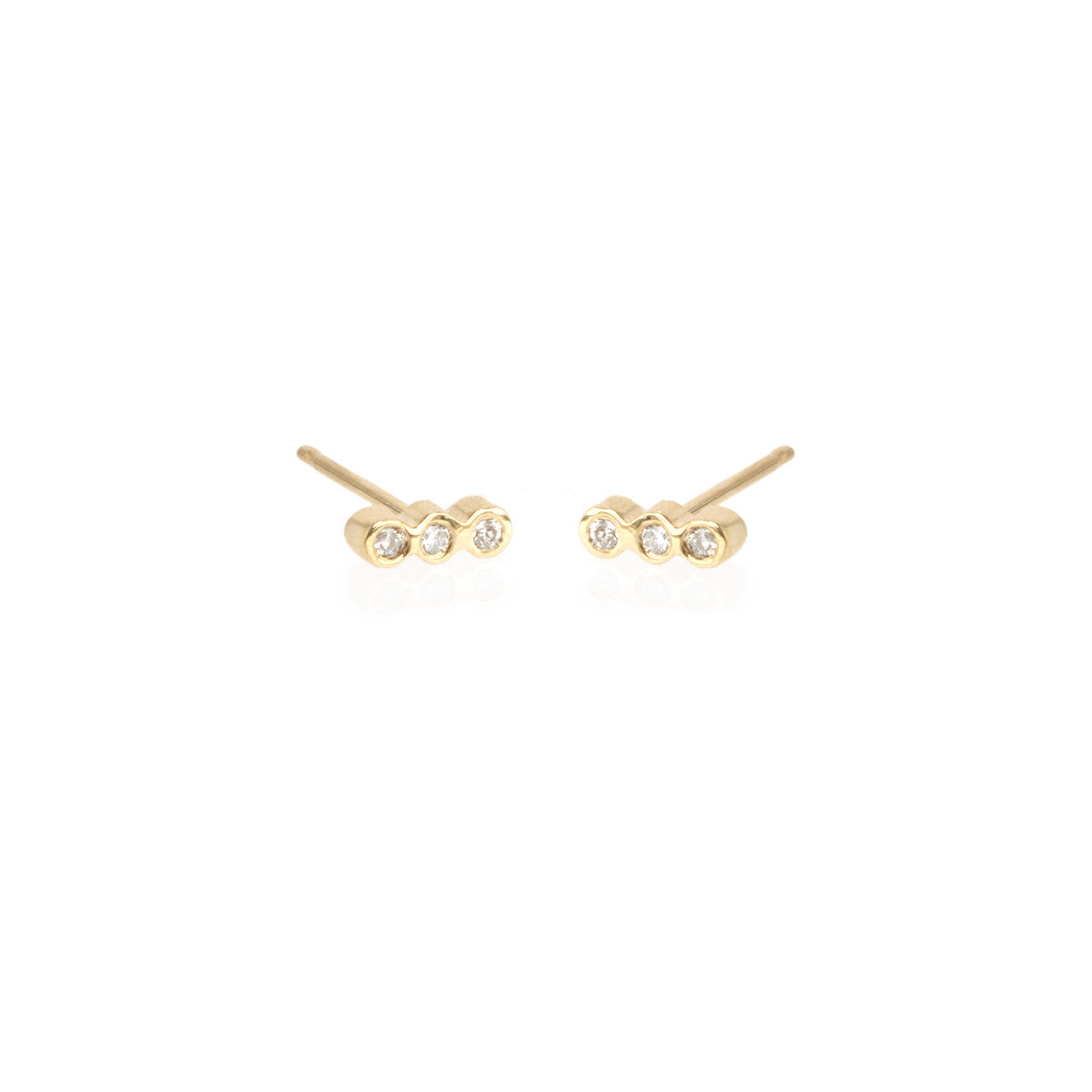 Zoe Chicco gold stud earrings with 3 diamonds, front view