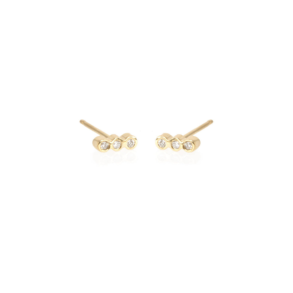 Zoe Chicco gold stud earrings with 3 diamonds, front view