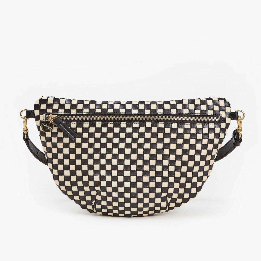 Clare V. black and white woven leather fanny pack, front view