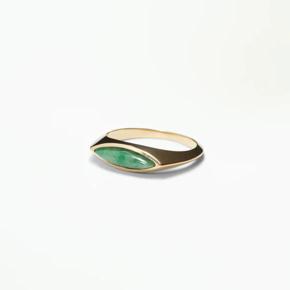 Wwake gold signet ring with jadeite, angled front view