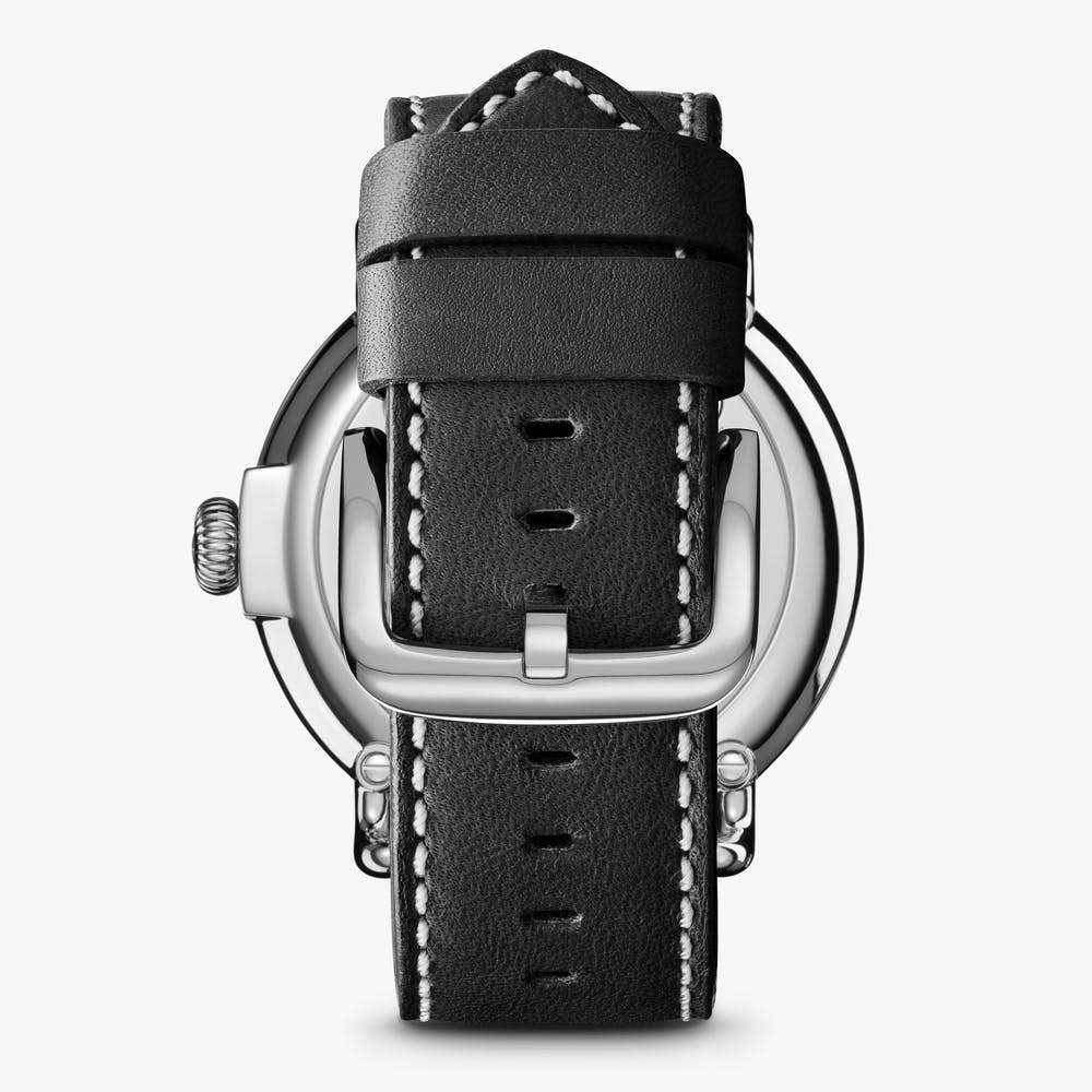 Shinola black face stainless steel watch black leather strap, back view