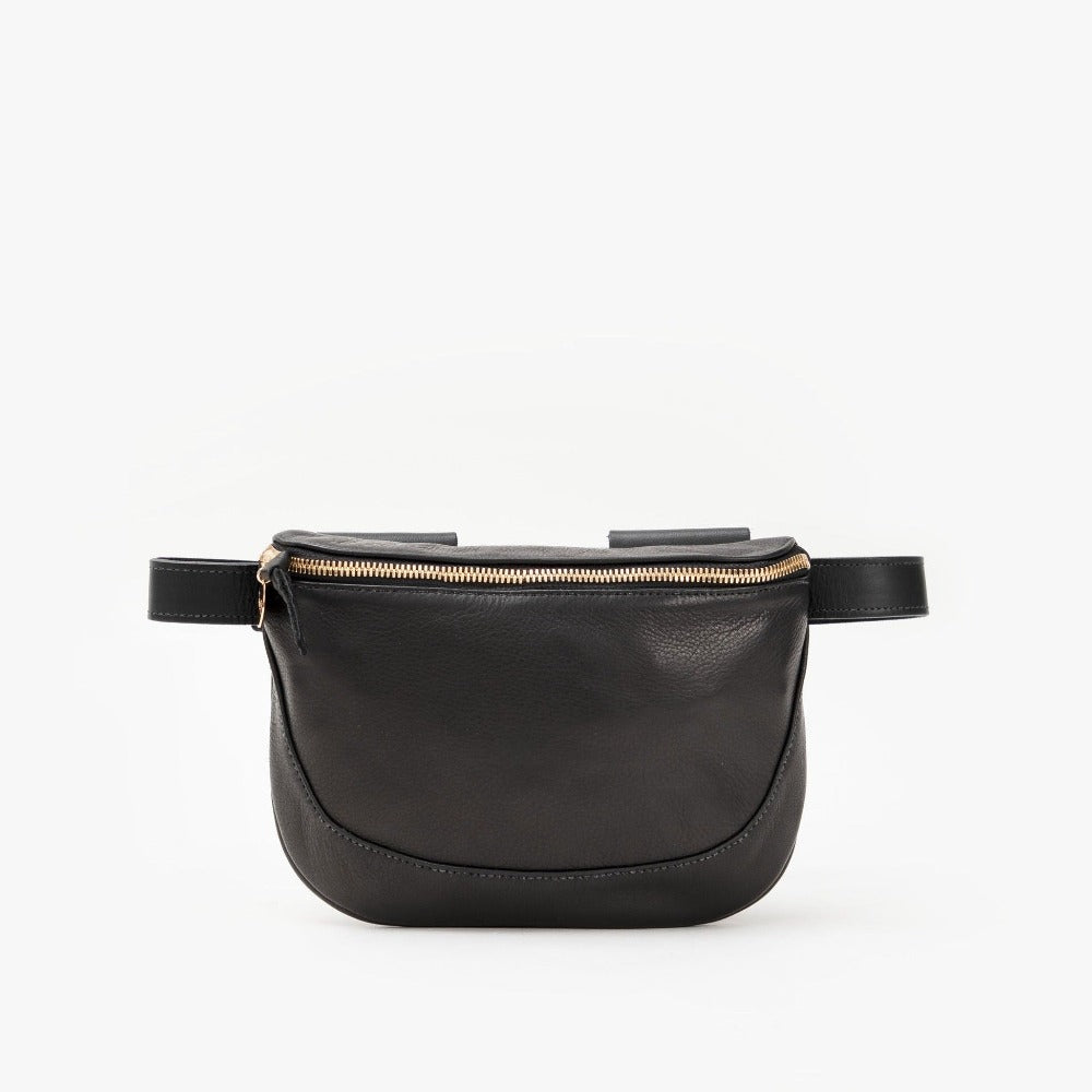 Clare V. black leather fanny pack, front view