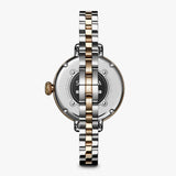 Shinola stainless steel silver and gold watch, back view
