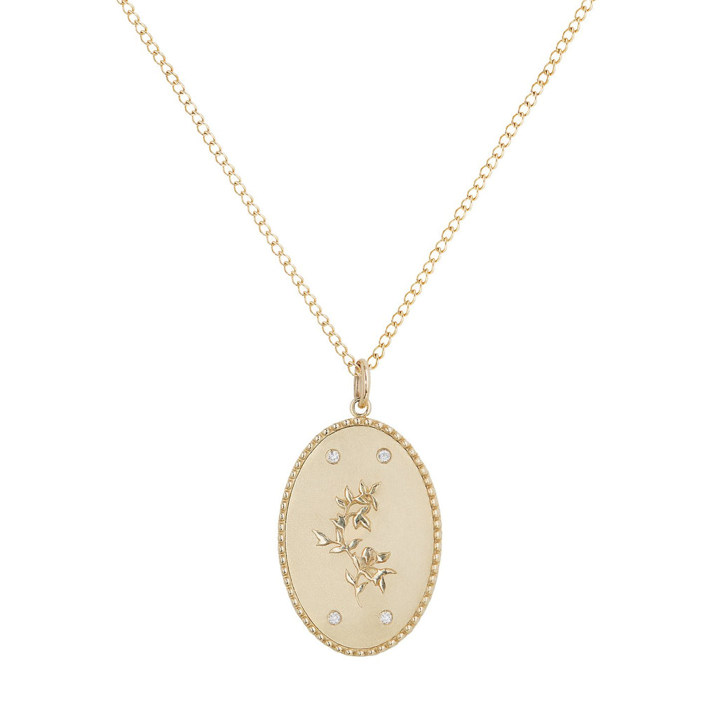 Zahava gold necklace with pomegranate pendant and diamonds, front view