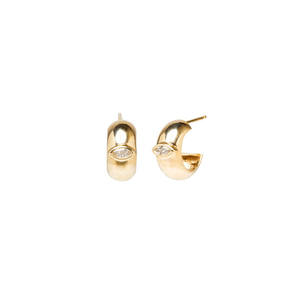 Zoe Chicco gold small thick hoops with eye shaped diamond on front, front and side view