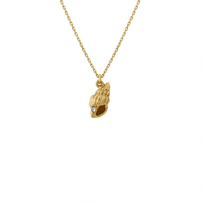 Alex Monroe gold necklace with shell pendant and diamond, front view