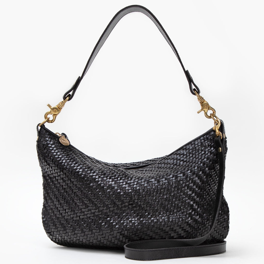 Clare V. black woven leather purse, front view
