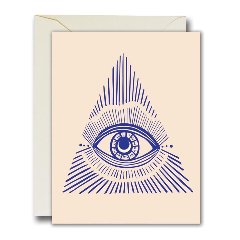 Card with blue line illustration of an eye inside a pyramid, front view