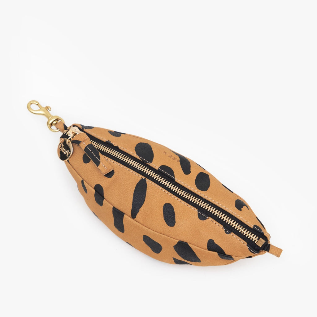 Clare V. brown and black spotted pouch, top view
