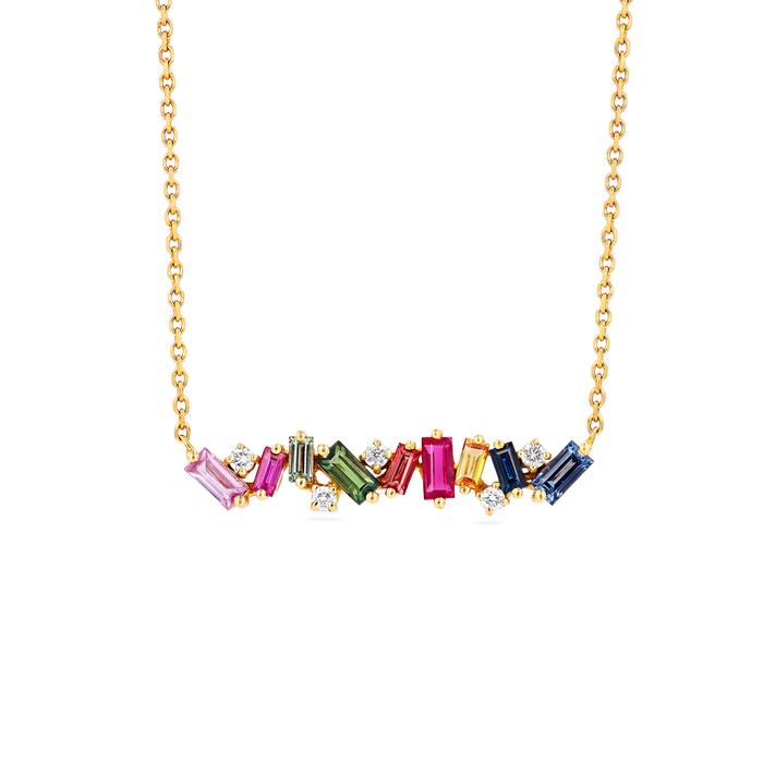 Suzanne Kalan gold necklace with rainbow sapphire and diamond, front view