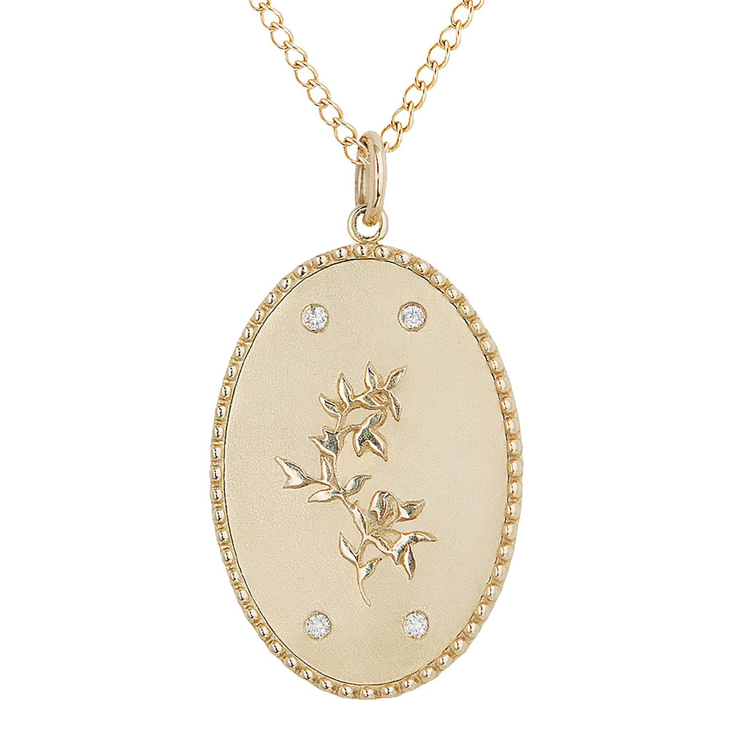 Zahava gold necklace with pomegranate pendant and diamonds, front view