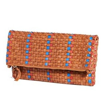 Clare V. brown, red, and blue woven leather bag, front view
