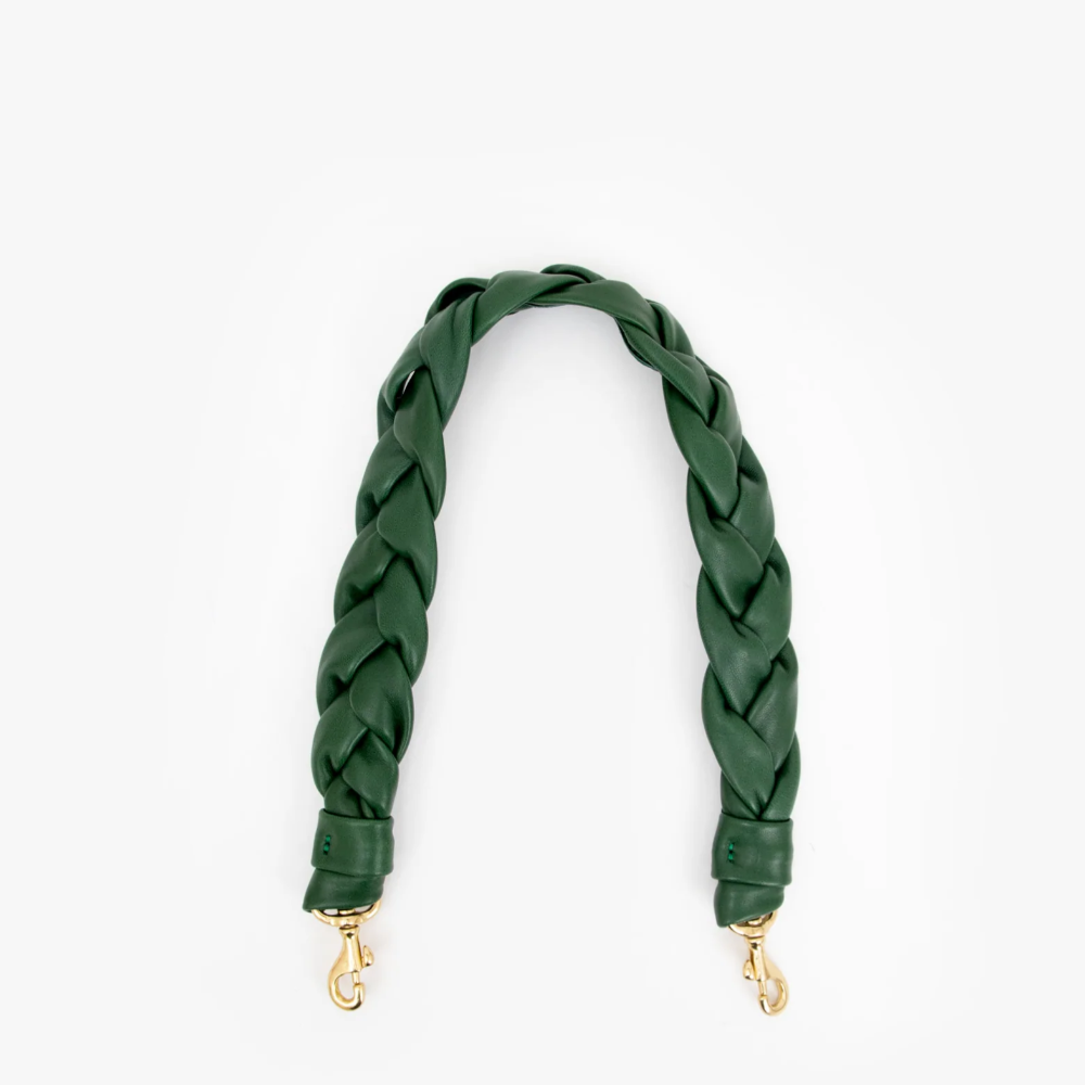 Clare V. green braided leather purse strap, front view