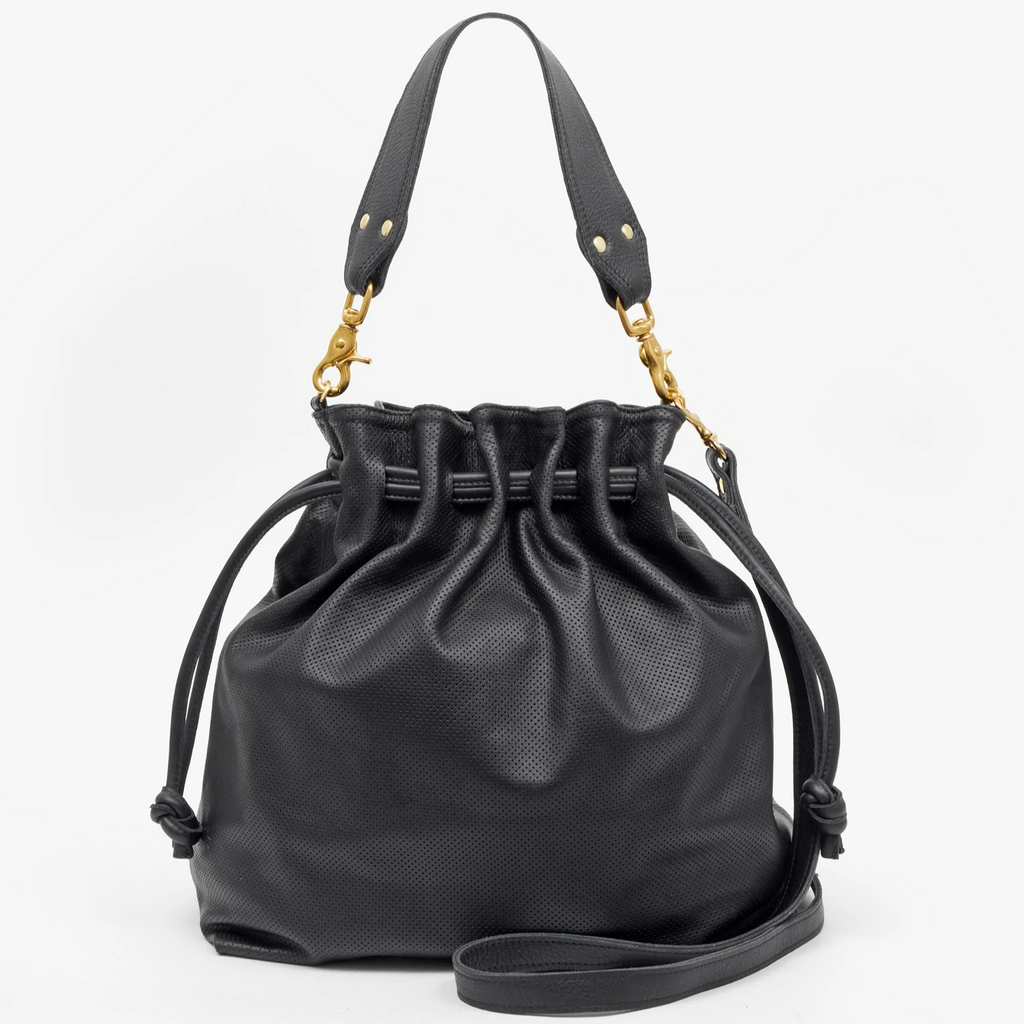 Clare V. black leather bag with drawstring and straps, front view