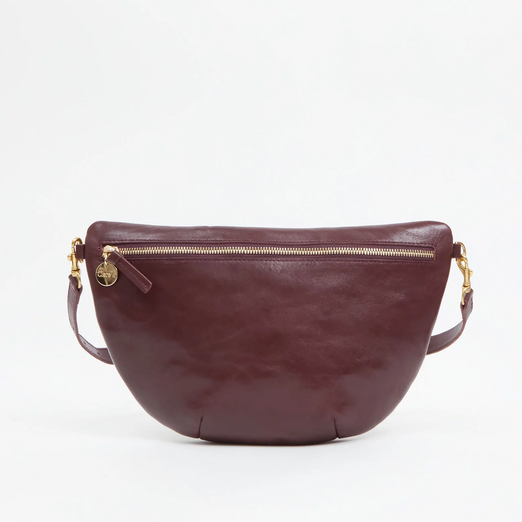 Clare V. purple leather fanny pack, front view