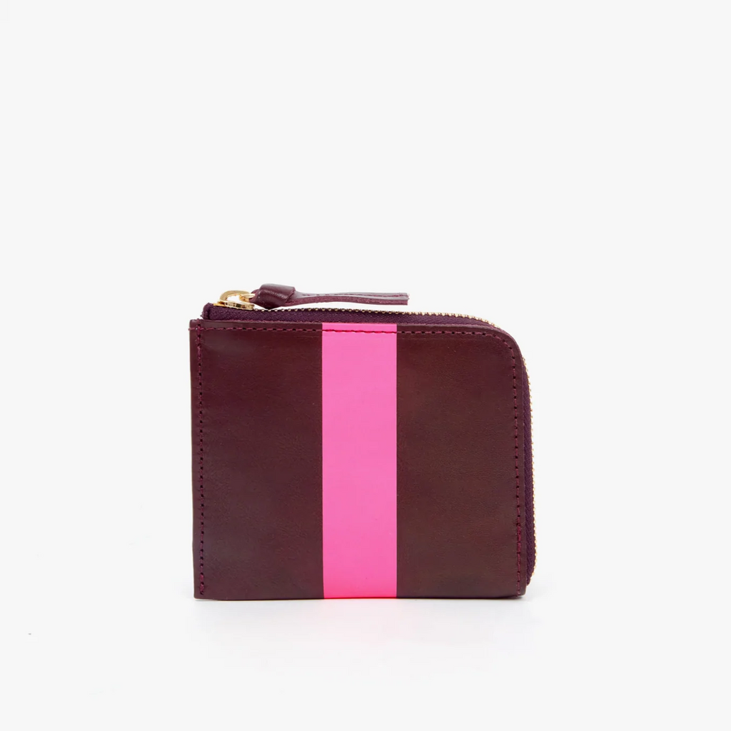Clare V. plum wallet with corner zip and pink stripe, front view