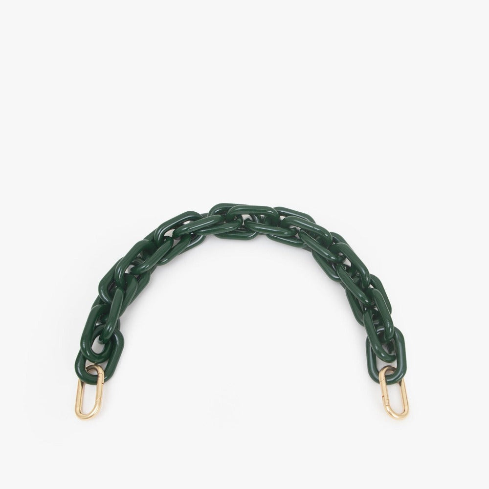 Clare V. green resin chain purse strap, front view