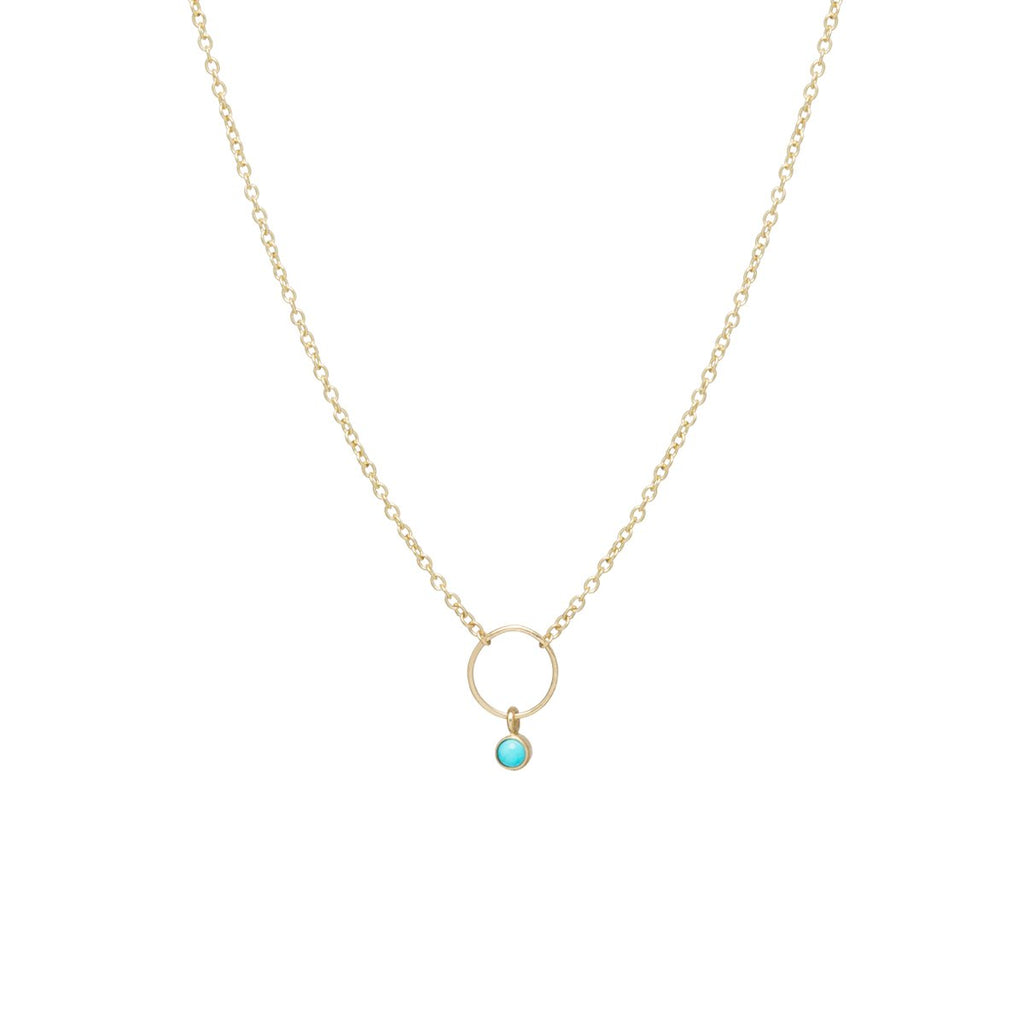 Zoe Chicco gold necklace with circle and turquoise drop, front view