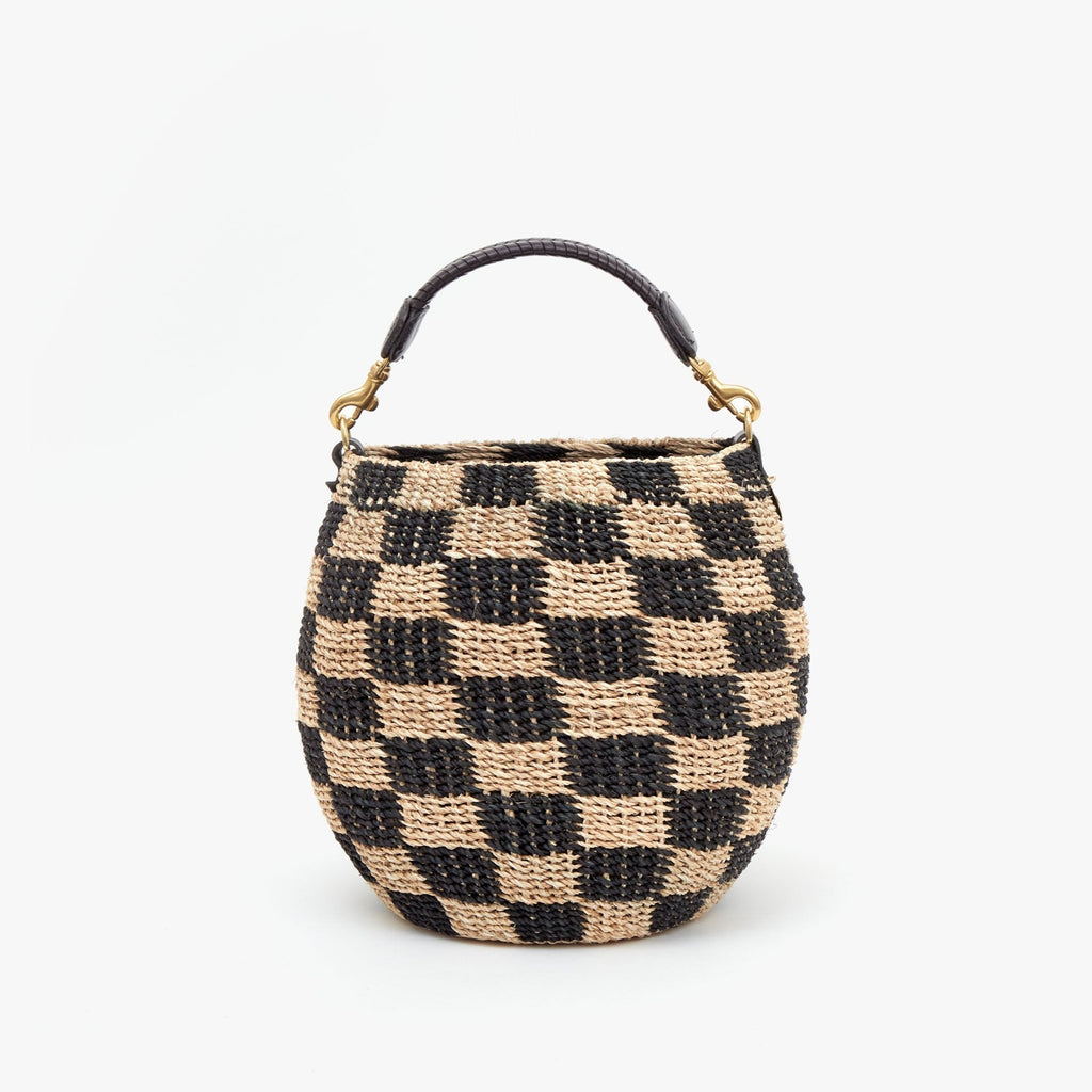 Clare V. woven tan and black basket, front view