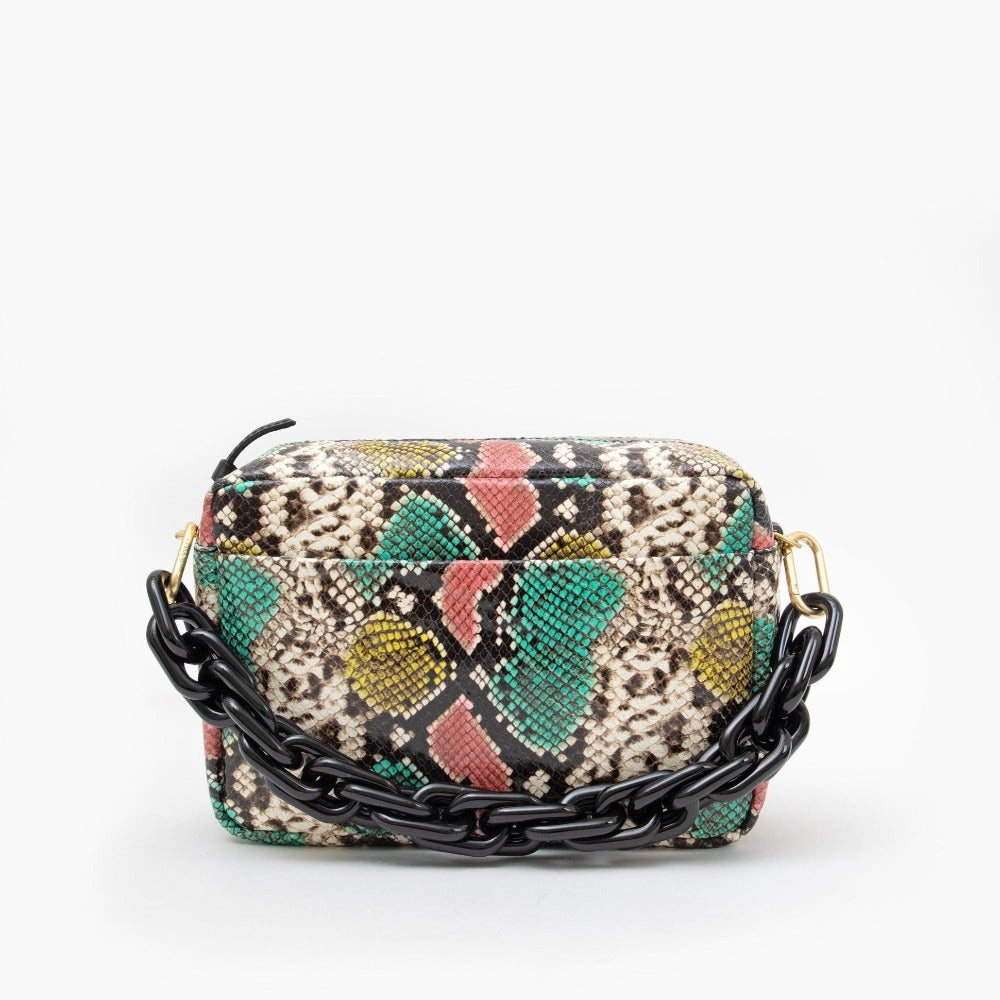 Clare V. black resin chain purse strap on bag, front view