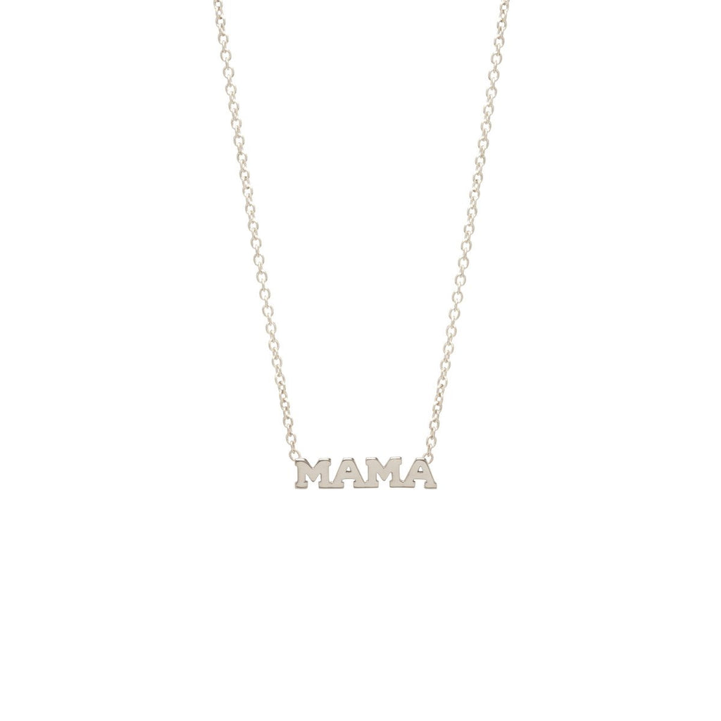 Zoe Chicco white gold mama text necklace, front view