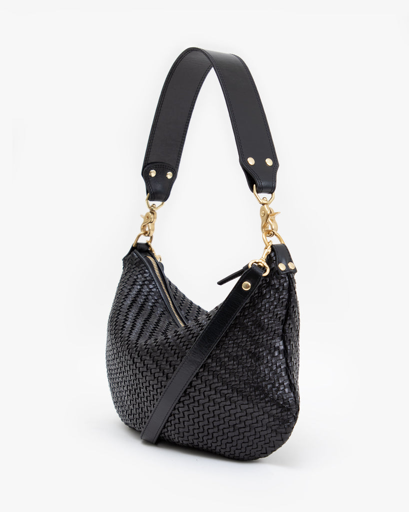 Clare V. black woven leather purse, angled front view