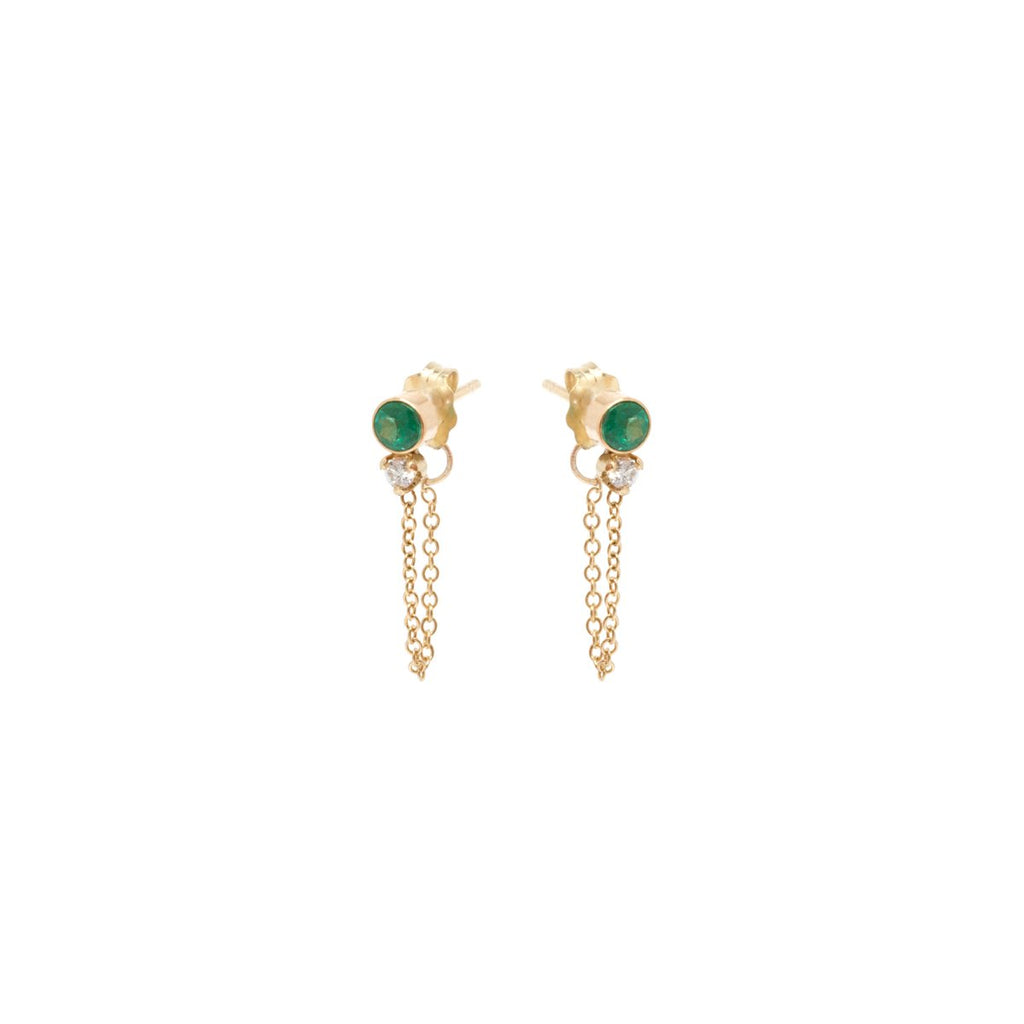 Zoe Chicco gold chain stud earring with emerald, front view