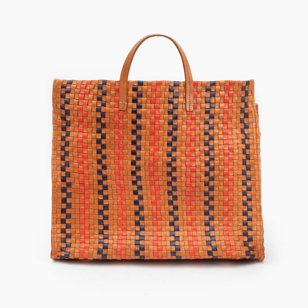 Clare V. navy and red checkered leather tote bag, front view
