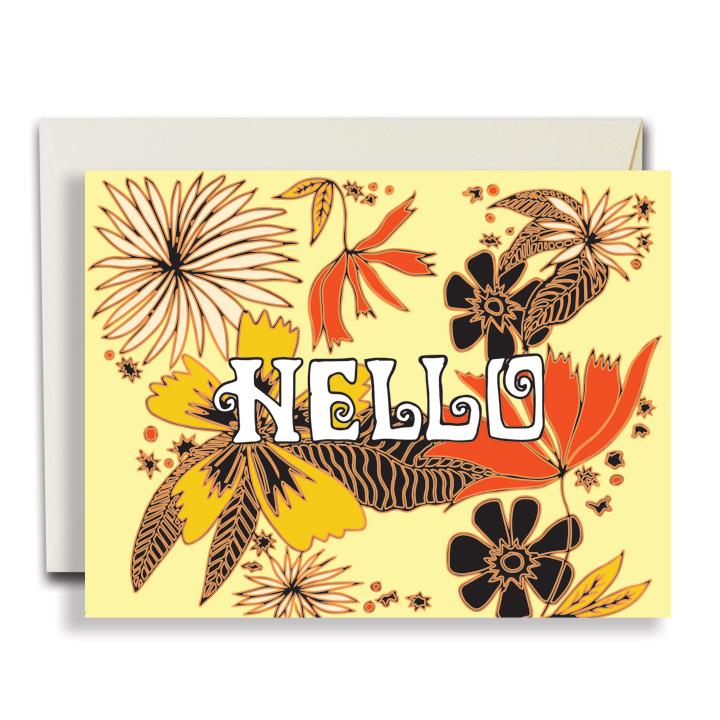 Card with flower illustrations, text reading "hello", front view