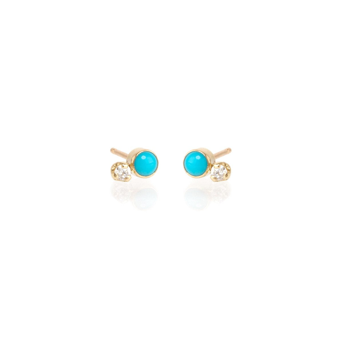 Zoe Chicco gold stud earrings with turquoise and diamonds, angled front view
