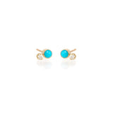 Zoe Chicco gold stud earrings with turquoise and diamonds, angled front view
