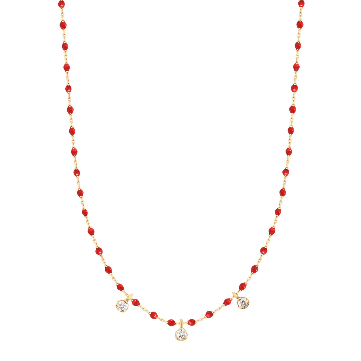 Gigi Clozeau red and gold beaded necklace with 3 diamonds, front view