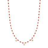 Gigi Clozeau red and gold beaded necklace with 3 diamonds, front view