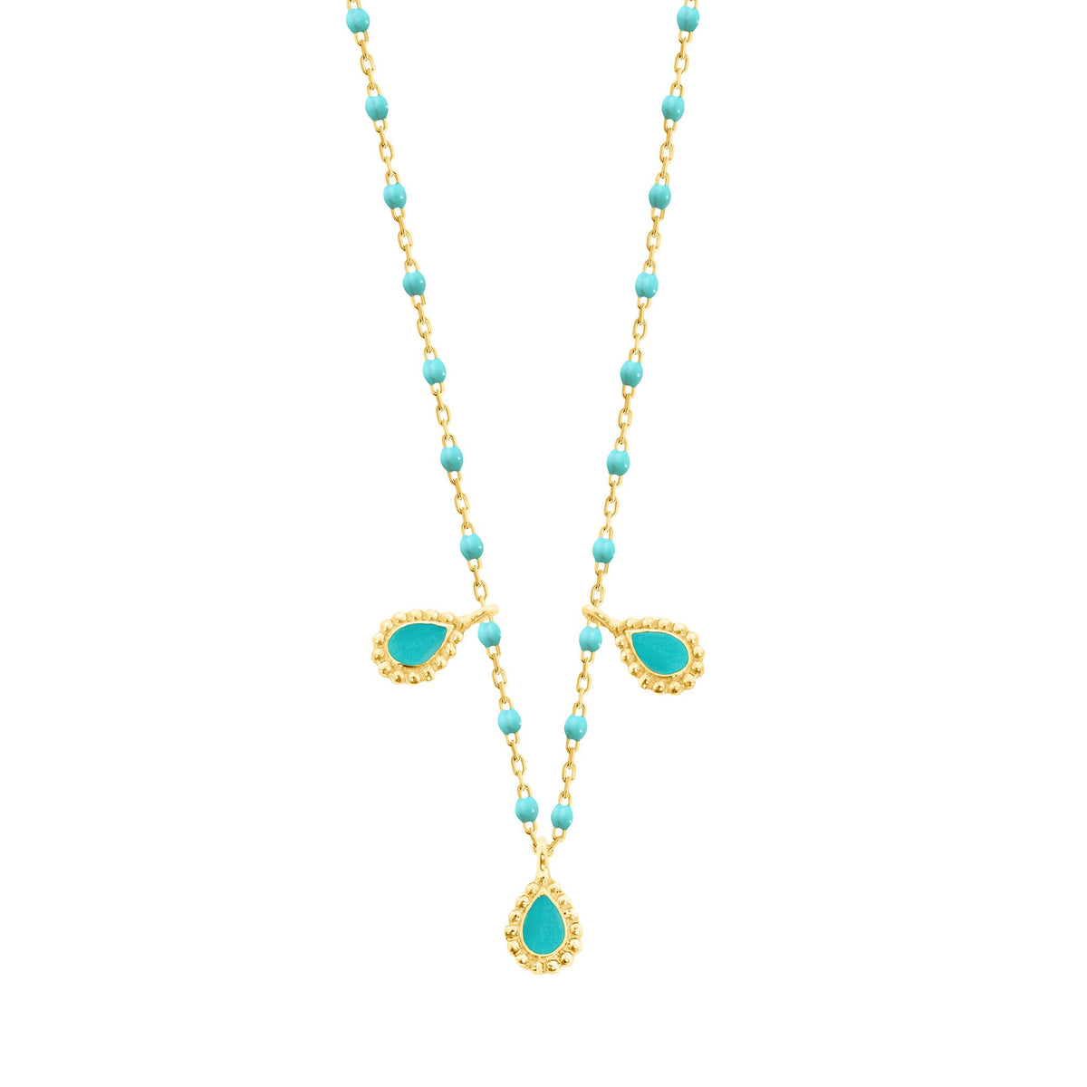 Gigi Clozeau turquoise and gold beaded necklace, front view