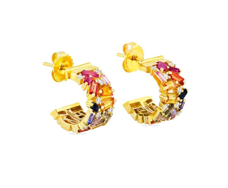 Suzanne Kalan gold hoop earrings with rainbow sapphires, angled front view