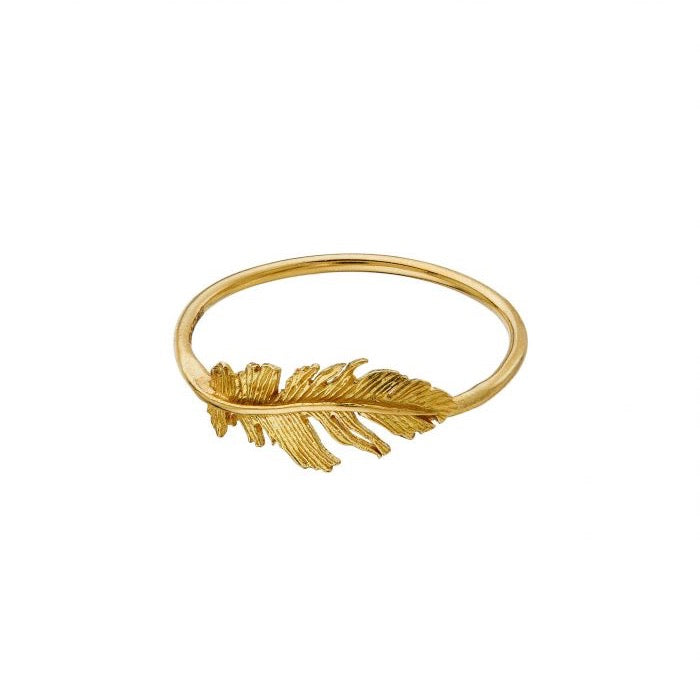 Alex Monroe gold ring with feather detail, front view