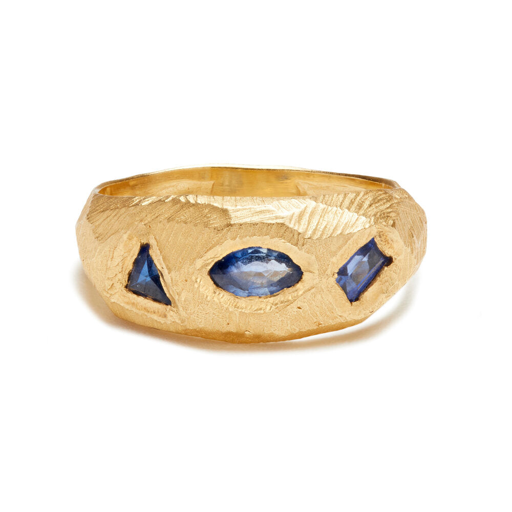 Page Sargisson thick gold band with 3 blue sapphires, front view